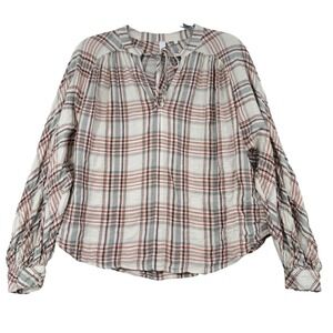 AND/OR Womens Plaid Cotton Gauze Boho Blouse Split Neck Tie Cream Rust Size 12